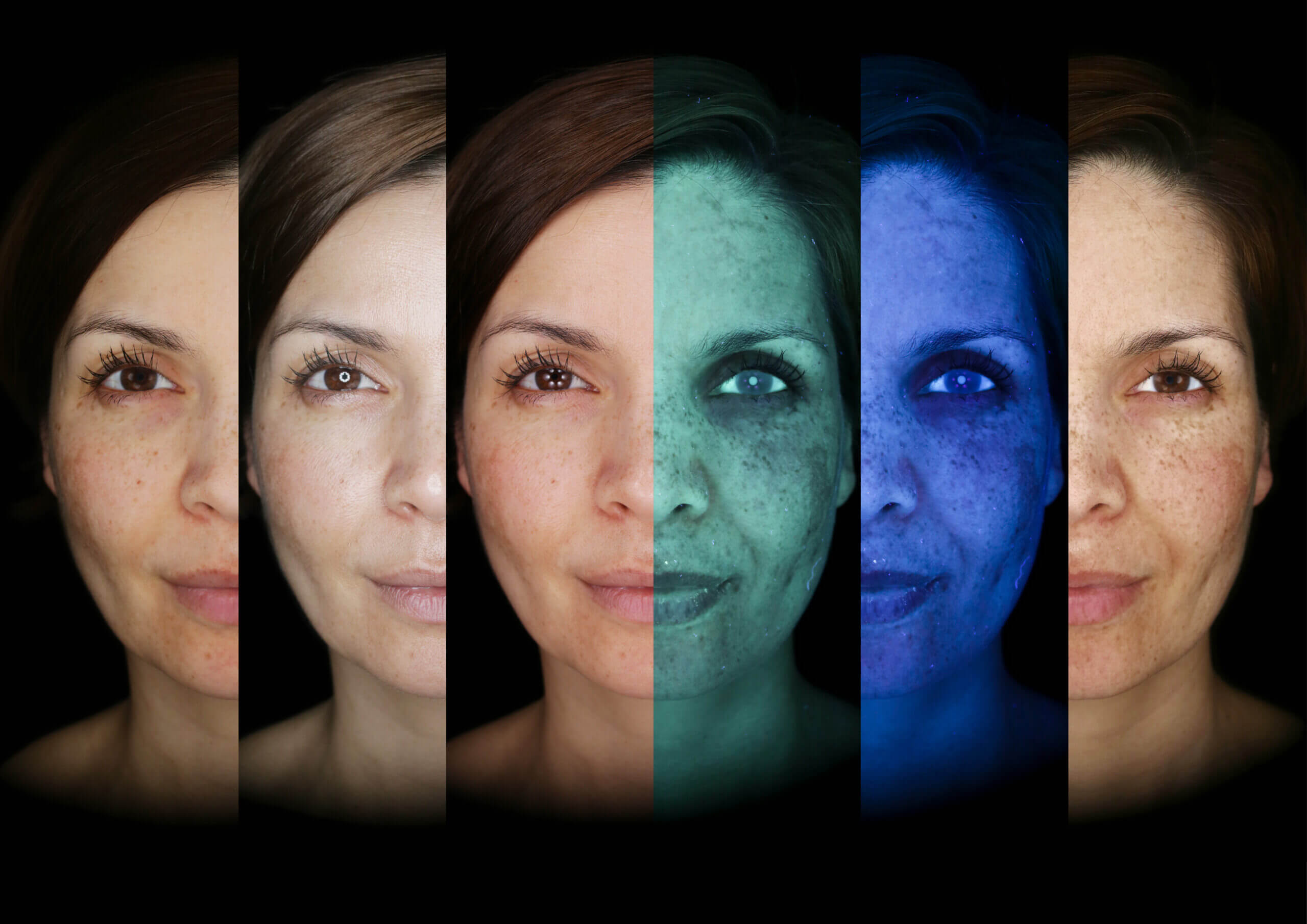 A photo of one woman's face split into may sections. Each section utilized a different OBSERV lighmode